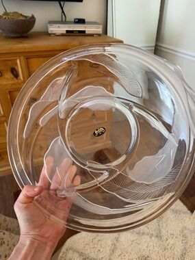 Vintage Clear Glass Serving Bowl with Leaf Etching